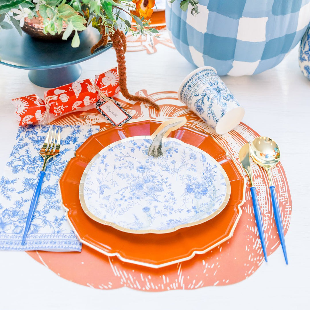 BLUE TOILE PUMPKIN PLATE Sophistiplate Thanksgiving Tableware Bonjour Fete - Party Supplies