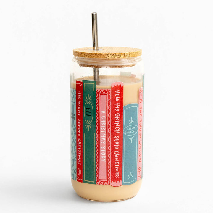 Holiday Books Glass Can Tumbler With Straw Bonjour Fete Party Supplies Christmas Holiday Kitchen & Entertaining