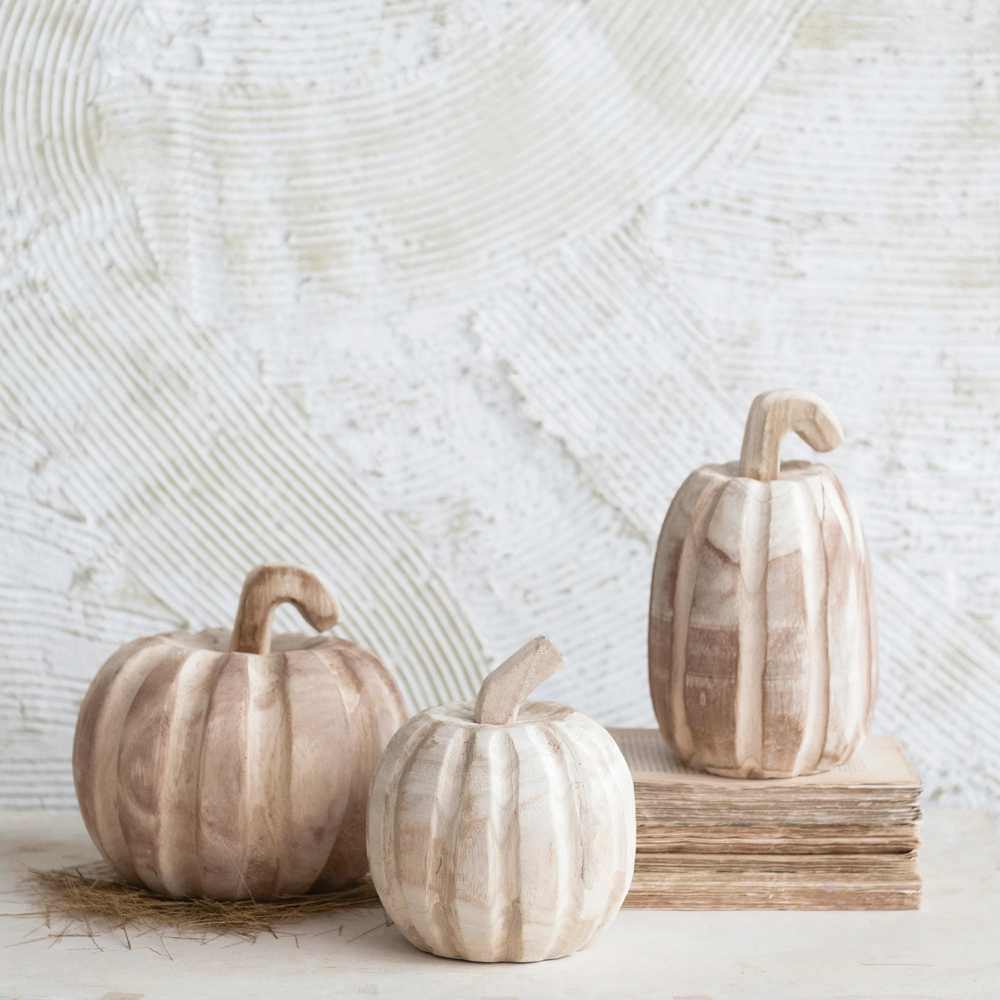 HAND-CARVED PAULOWNIA WOOD PUMPKIN Creative Co-op Halloween Decor Bonjour Fete - Party Supplies