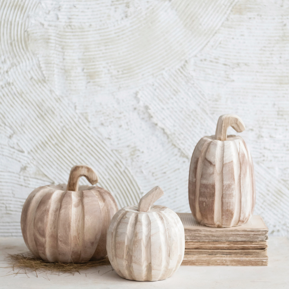HAND-CARVED PAULOWNIA WOOD PUMPKIN Creative Co-op Halloween Decor Bonjour Fete - Party Supplies
