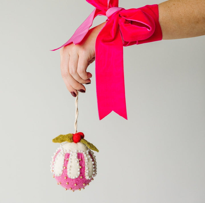 WOOL FELT FIGGY PUDDING ORNAMENT WITH BEADS Creative Co-op Christmas Ornament HOT PINK Bonjour Fete - Party Supplies