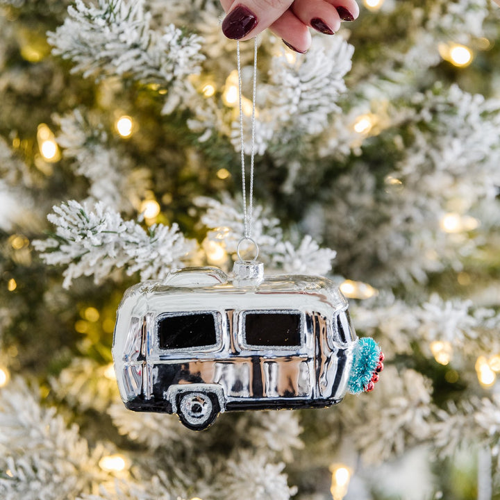 GLASS VINTAGE CAMPER CHRISTMAS ORNAMENT Creative Co-op Christmas Ornament Bonjour Fete - Party Supplies