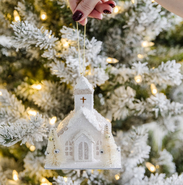 PAPER CHURCH ORNAMENTS WITH FAUX TREES & LIGHTS Creative Co-op Christmas Ornament Bonjour Fete - Party Supplies
