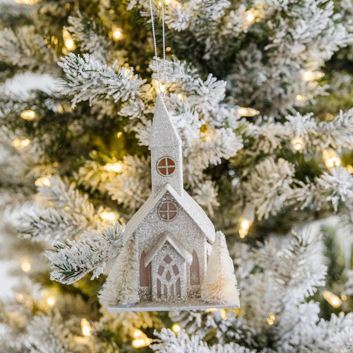 PAPER CHURCH ORNAMENTS WITH FAUX TREES & LIGHTS Creative Co-op Christmas Ornament Bonjour Fete - Party Supplies