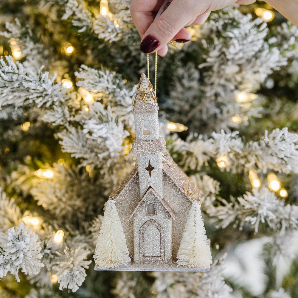 PAPER CHURCH ORNAMENTS WITH FAUX TREES & LIGHTS Creative Co-op Christmas Ornament Bonjour Fete - Party Supplies