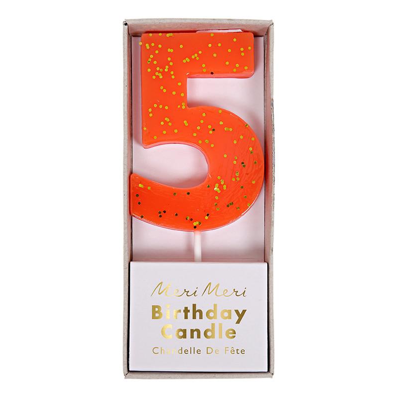 GLITTER NUMBER CANDLES Meri Meri Birthday Candles Coral 5 Bonjour Fete - Party Supplies