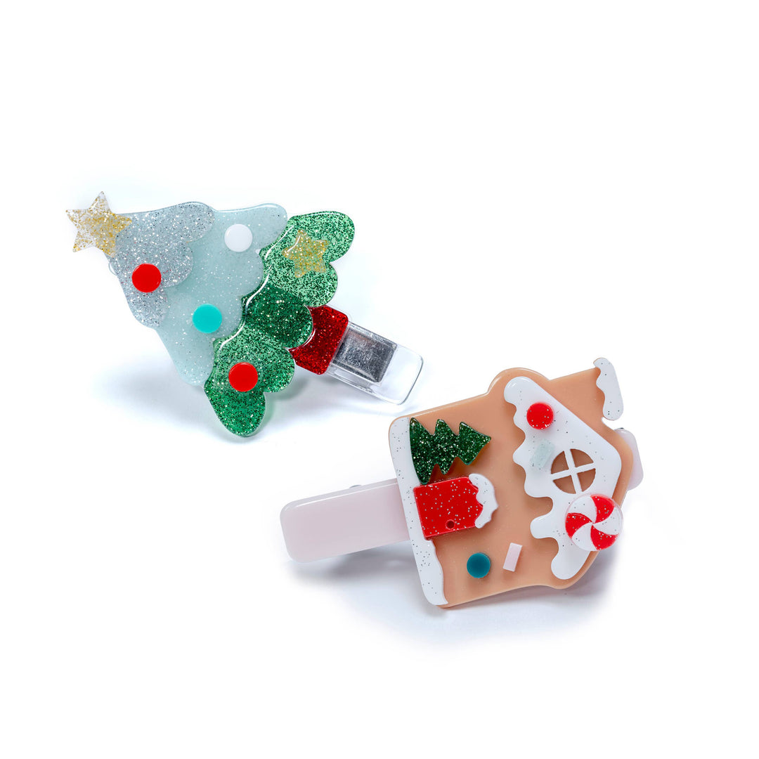 HOL22-Christmas Tree + Gingerbread House Alligator Clip Lilies & Roses NY Christmas Wear Bonjour Fete - Party Supplies