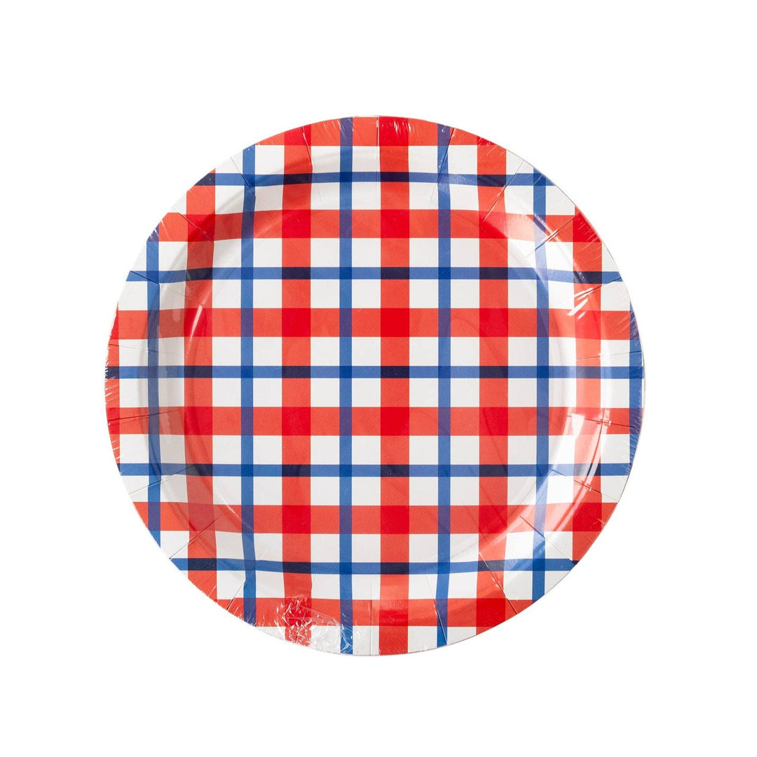 RED & BLUE STRIPED PLAID PLATES  Bonjour Fete - Party Supplies