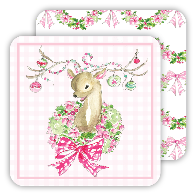 HANDPAINTED PINK CHRISTMAS VINTAGE DEER PAPER COASTER Rosanne Beck Collections Christmas Holiday Party Supplies Bonjour Fete - Party Supplies