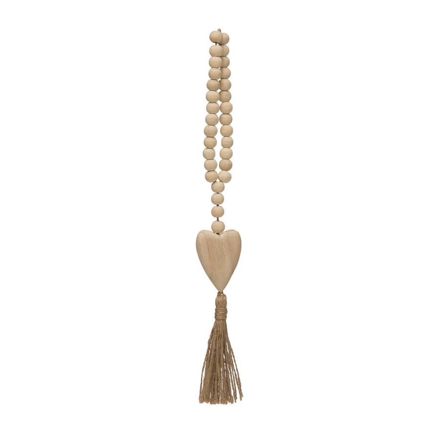 WOOD BEADS WITH HEART ICON AND JUTE TASSEL Creative Co-op Home Decor Bonjour Fete - Party Supplies