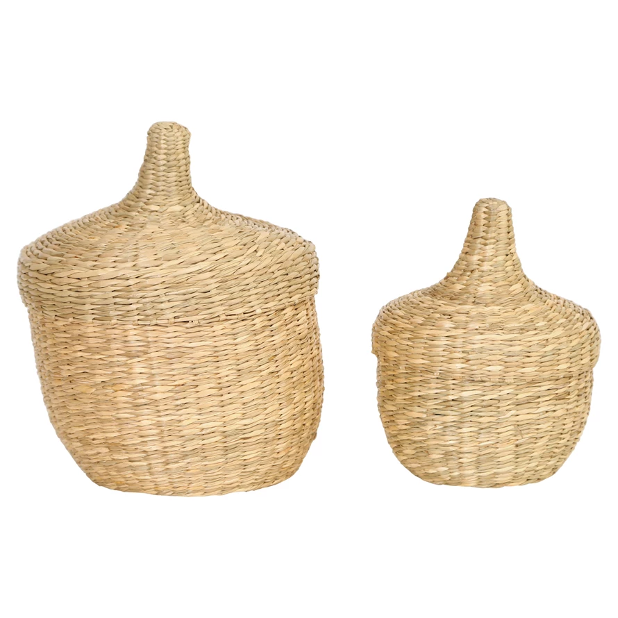 HAND-WOVEN BASKETS WITH LIDS Creative Co-op Home Decor Bonjour Fete - Party Supplies