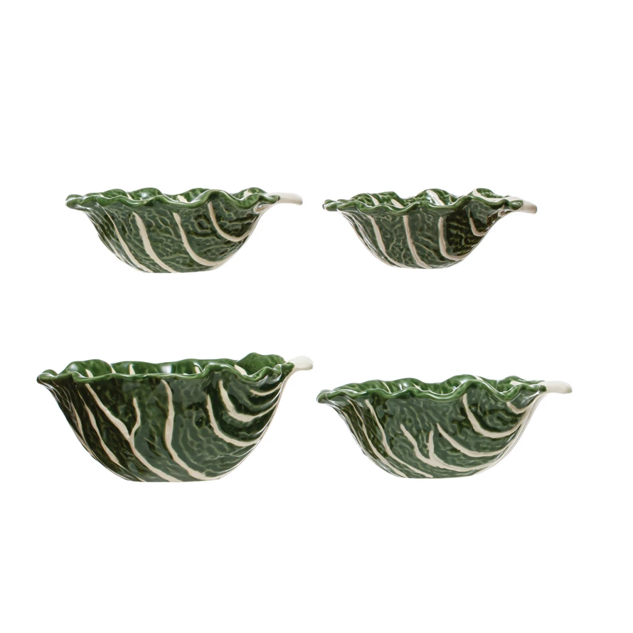 HAND-PAINTED STONEWARE CABBAGE BOWLS Creative Co-op Bowls Bonjour Fete - Party Supplies