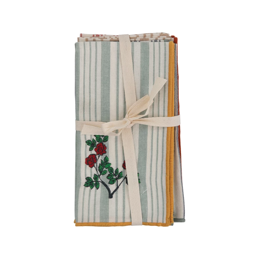 WOVEN COTTON NAPKINS WITH STRIPE AND FLORAL EMBROIDERY Creative Co-op Napkin - Embriodered Bonjour Fete - Party Supplies
