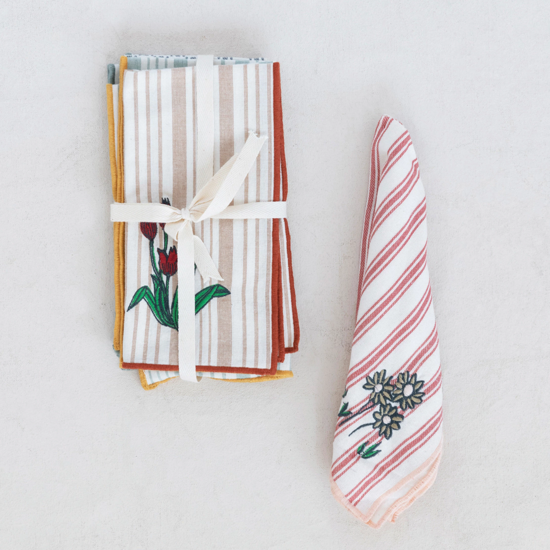 WOVEN COTTON NAPKINS WITH STRIPE AND FLORAL EMBROIDERY Creative Co-op Napkin - Embriodered Bonjour Fete - Party Supplies