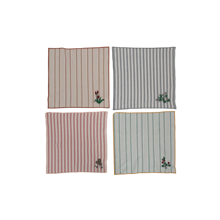 WOVEN COTTON NAPKINS WITH STRIPE AND FLORAL EMBROIDERY Creative Co-op Napkin - Embriodered Bonjour Fete - Party Supplies