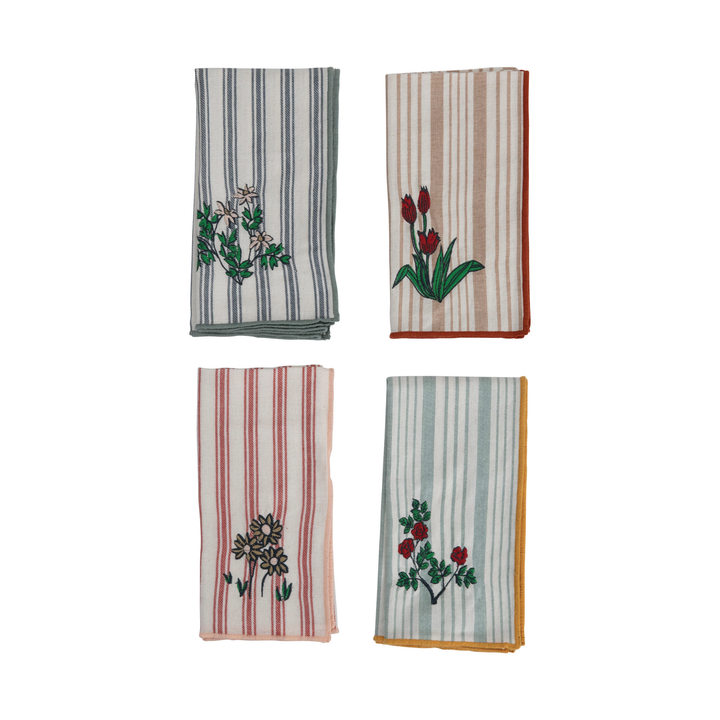 WOVEN COTTON NAPKINS WITH STRIPE AND FLORAL EMBROIDERY Creative Co-op Napkin - Embriodered Bonjour Fete - Party Supplies