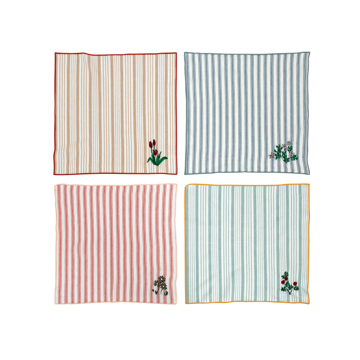 WOVEN COTTON NAPKINS WITH STRIPE AND FLORAL EMBROIDERY Creative Co-op Napkin - Embriodered Bonjour Fete - Party Supplies