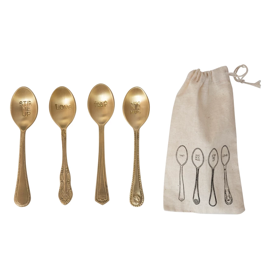 BRASS SPOONS WITH ENGRAVED SAYING WITH PRINTED DRAWSTRING BAG Creative Co-op Kitchenware Bonjour Fete - Party Supplies