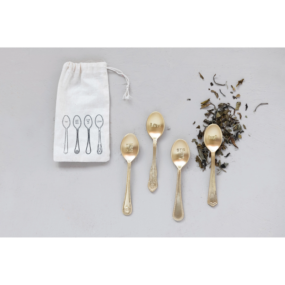 BRASS SPOONS WITH ENGRAVED SAYING WITH PRINTED DRAWSTRING BAG Creative Co-op Kitchenware Bonjour Fete - Party Supplies