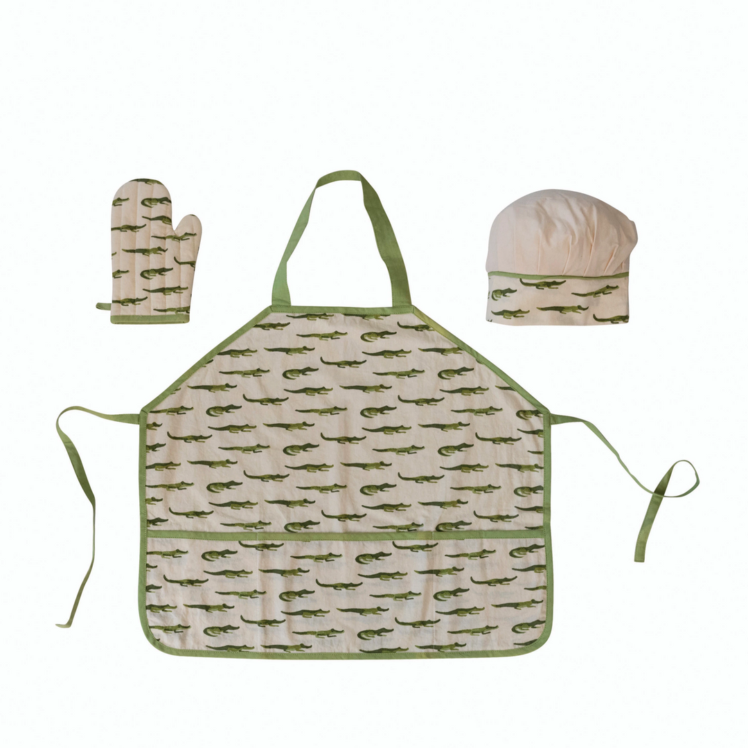 COTTON CHILD APRON WITH ALLIGATORS Creative Co-op Kitchenware Bonjour Fete - Party Supplies