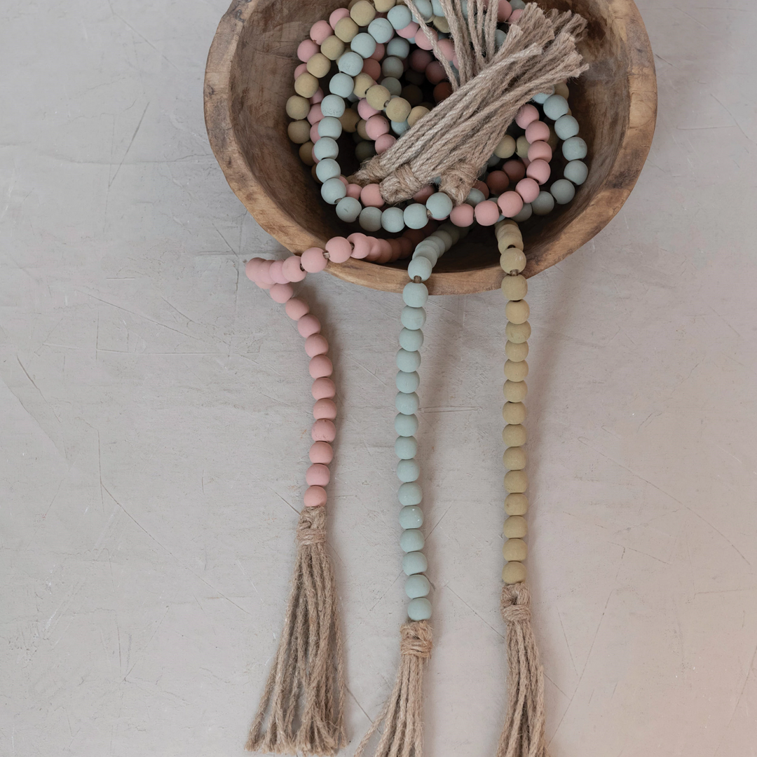 PAULOWNIA WOOD BEAD WITH JUTE TASSELS Creative Co-op Home Decor Bonjour Fete - Party Supplies