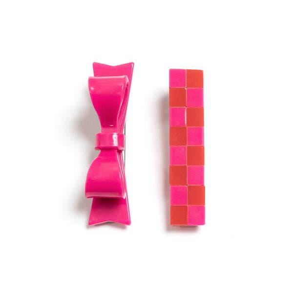 VAL-Bowtie Pink + Love Checkered Alligator Clip (Pair) Lilies & Roses NY 0 Faire Bonjour Fete - Party Supplies