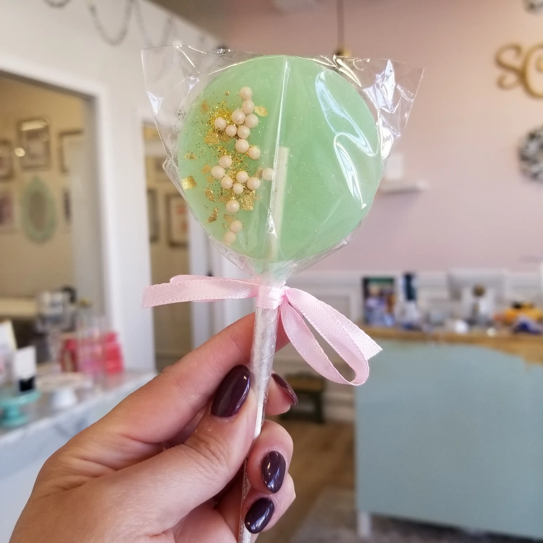 SEA FOAM GREEN & PINK LOLLIPOPS - PEAR Sweet Caroline Confections Candy Bonjour Fete - Party Supplies