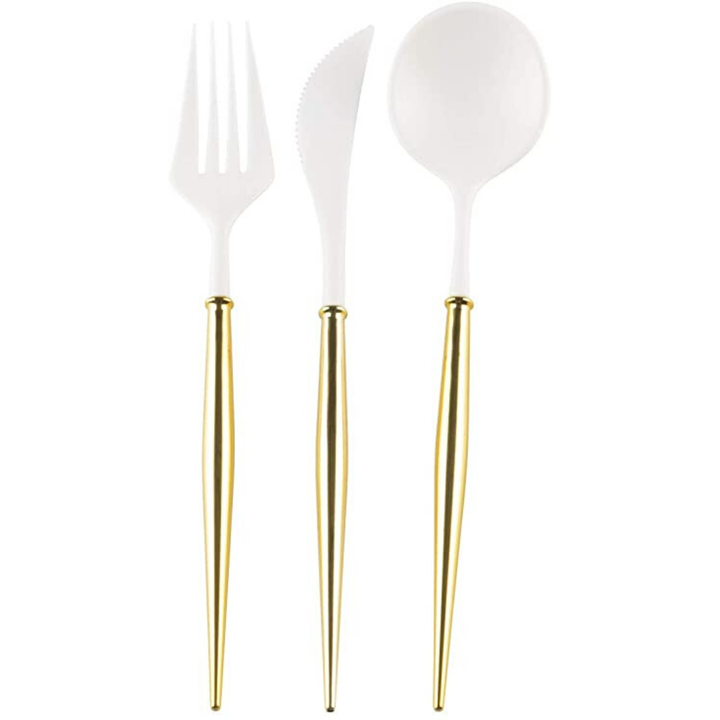 BELLA GOLD AND WHITE PREMIUM CUTLERY Sophistiplate LLC Cutlery Bonjour Fete - Party Supplies