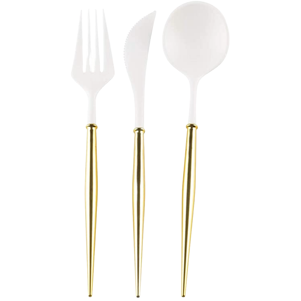 BELLA GOLD AND WHITE PREMIUM CUTLERY Sophistiplate LLC Cutlery Bonjour Fete - Party Supplies