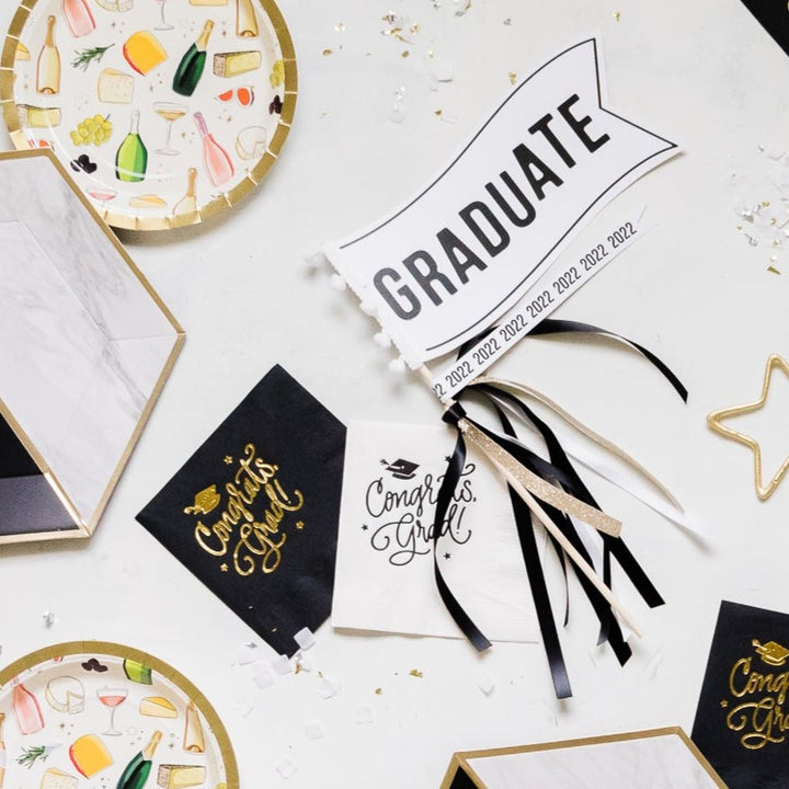 CONGRATS, GRAD! BLACK COCKTAIL NAPKINS Natalie Chang Napkins Bonjour Fete - Party Supplies