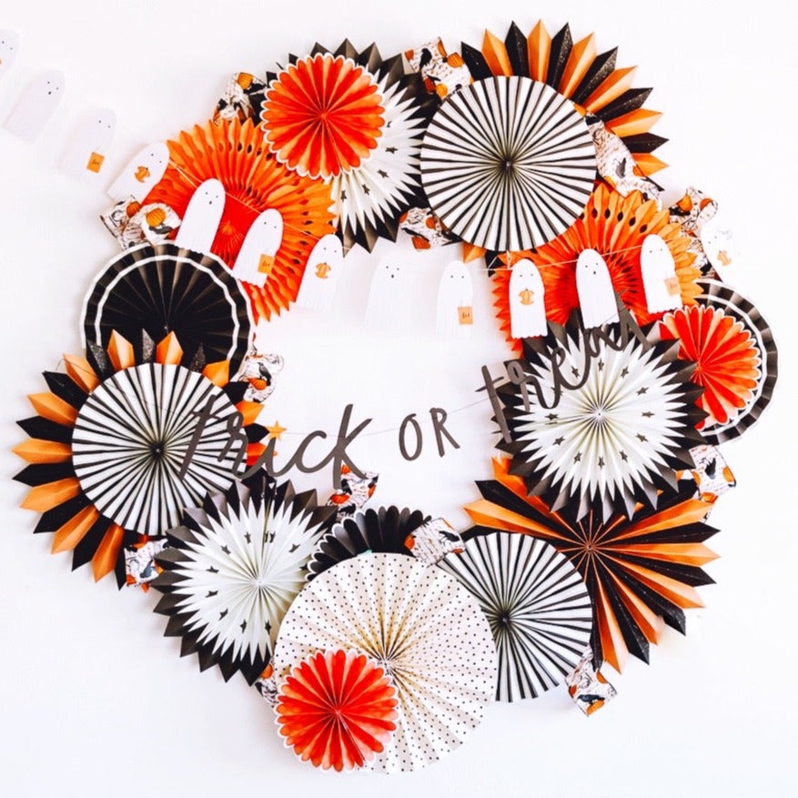 VINTAGE BLACK & ORANGE HALLOWEEN PARTY FANS My Mind’s Eye Halloween Party Supplies Bonjour Fete - Party Supplies