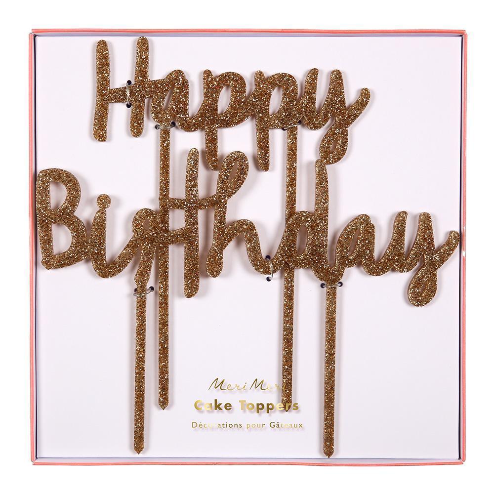 GOLD GLITTER HAPPY BIRTHDAY CAKE TOPPERS Meri Meri Cake Topper Bonjour Fete - Party Supplies