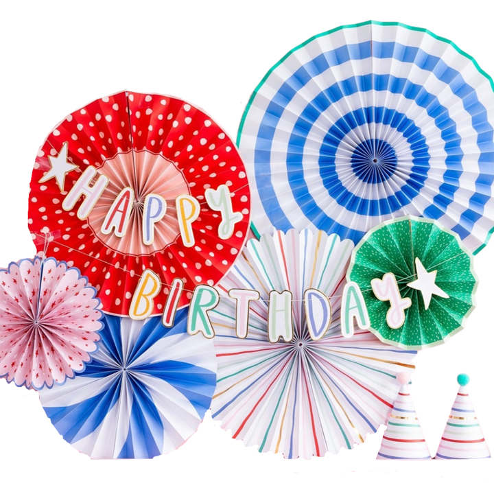 HAPPY BIRTHDAY PARTY FANS Oui Party Hanging Decor Bonjour Fete - Party Supplies