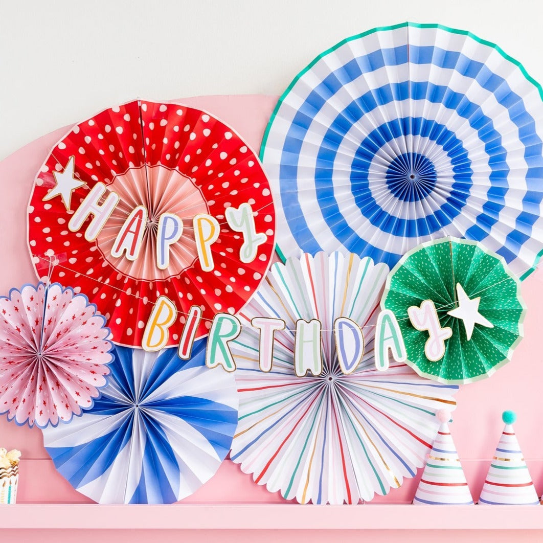HAPPY BIRTHDAY PARTY FANS Oui Party Hanging Decor Bonjour Fete - Party Supplies