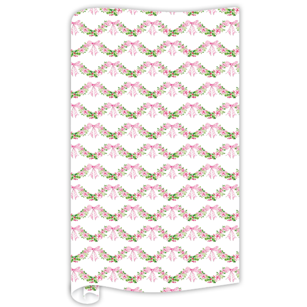HANDPAINTED PINK FLORAL & HOLLY SWAG WRAPPING PAPER Rosanne Beck Collections christmas gift wrap Bonjour Fete - Party Supplies