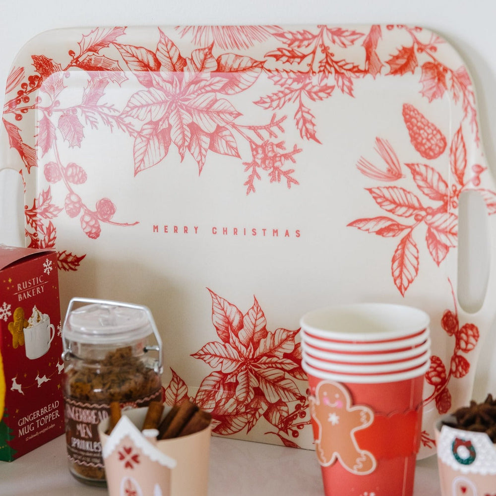 RED FLORAL MERRY CHRISTMAS REUSABLE BAMBOO TRAY My Mind’s Eye Christmas Holiday Kitchen & Entertaining Bonjour Fete - Party Supplies