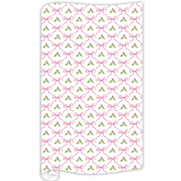 HANDPAINTED PINK HOLLY & BOWS WRAPPING PAPER Rosanne Beck Collections christmas gift wrap Bonjour Fete - Party Supplies