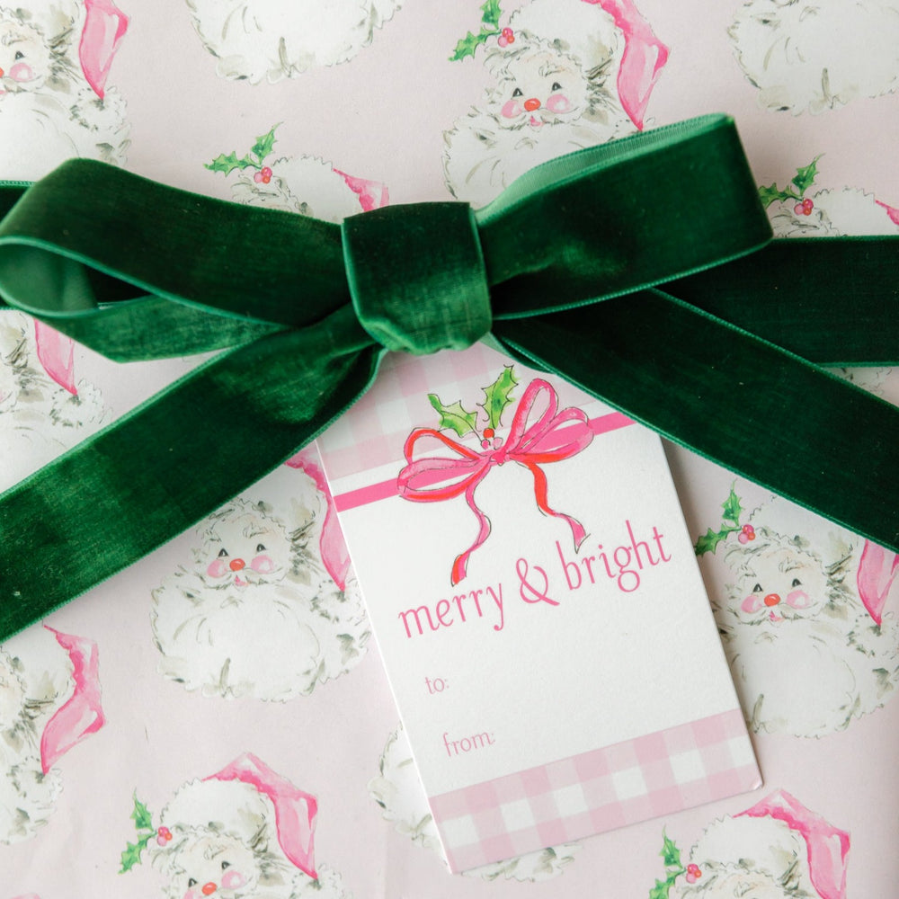 HANDPAINTED PINK GINGHAM MERRY & BRIGHT BOW GIFT TAG Rosanne Beck Collections Gift Wrapping Bonjour Fete - Party Supplies