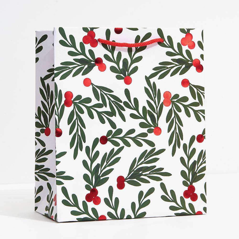 WASTE NOT PAPER HOLIDAY MEDIUM GIFT BAG Waste Not Paper Gift Bag RED BERRIES WITH LEAVES Bonjour Fete - Party Supplies
