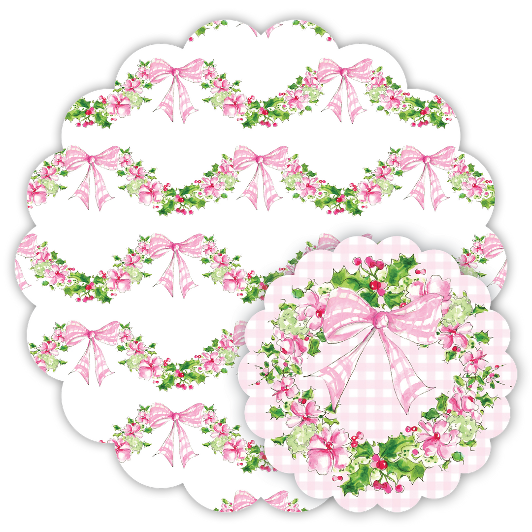 HANDPAINTED PINK FLORAL AND HOLLY SWAG DOILY SET Rosanne Beck Collections Christmas Holiday Party Supplies Bonjour Fete - Party Supplies