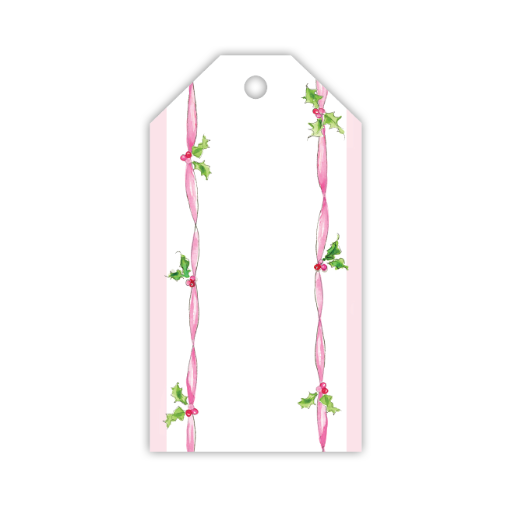 HANDPAINTED PINK RIBBON AND HOLLY GIFT TAG Rosanne Beck Collections Gift Wrapping Bonjour Fete - Party Supplies