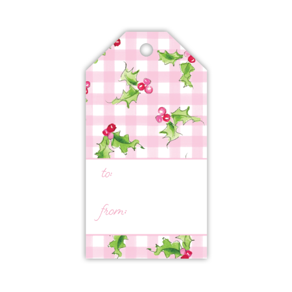 PINK HOLLY AND GINGHAM GIFT TAG Rosanne Beck Collections Gift Wrapping Bonjour Fete - Party Supplies