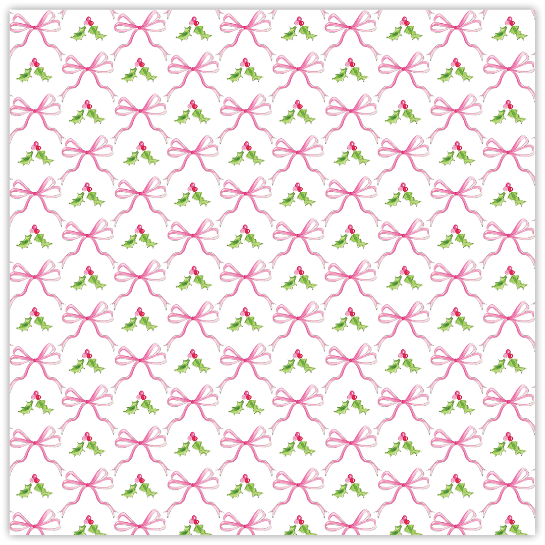 HANDPAINTED PINK HOLLY AND BOWS SQUARE PLACEMAT Rosanne Beck Collections Christmas Holiday Party Supplies Bonjour Fete - Party Supplies