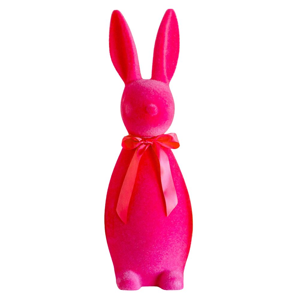 Hot Pink flocked bunny decorations, flocked bunnies, and flocked Easter bunnies at Bonjour Fête.