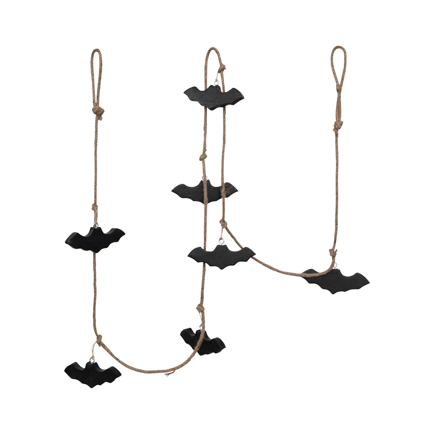 MANGO WOOD AND JUTE ROPE BATS GARLAND - BLACK Creative Co-op Garlands & Banners Bonjour Fete - Party Supplies