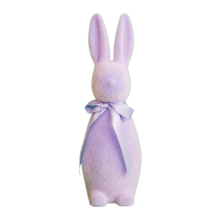 Lavender flocked bunny decorations, flocked bunnies, and flocked Easter bunnies at Bonjour Fête.