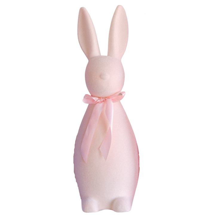 Light pink flocked bunny decorations, flocked bunnies, and flocked Easter bunnies at Bonjour Fête.