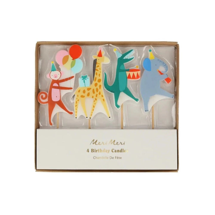 Meri Meri circus party animal candles on white background with colorful illustrated animal designs