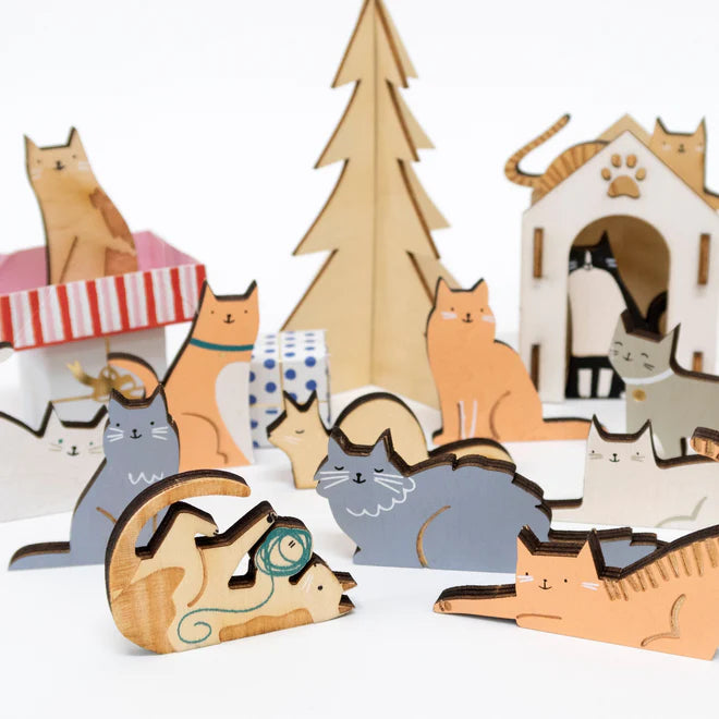 WOODEN CAT ADVENT CALENDAR SUITCASE Meri Meri Advent Calendars Bonjour Fete - Party Supplies
