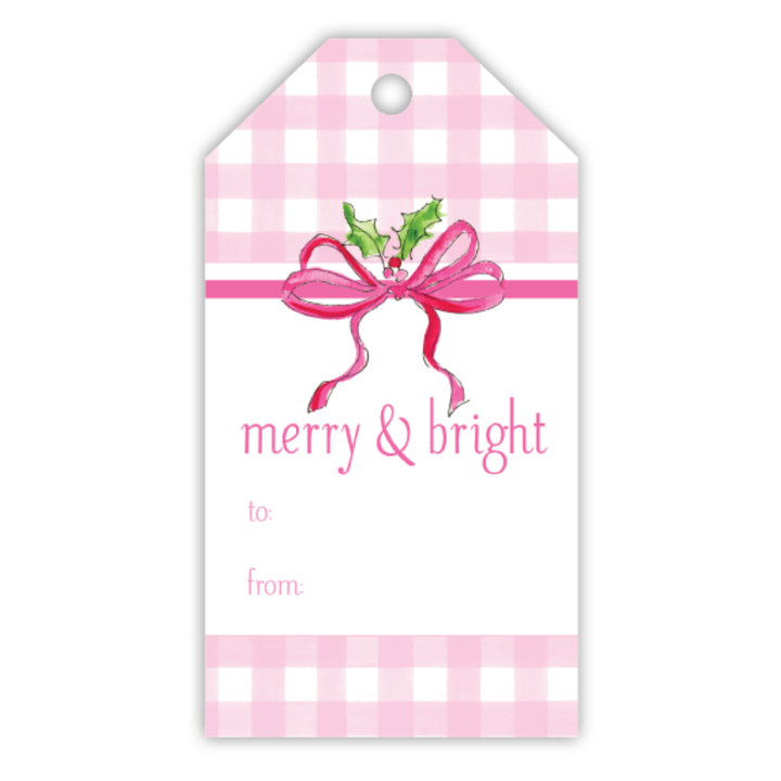HANDPAINTED PINK GINGHAM MERRY & BRIGHT BOW GIFT TAG Rosanne Beck Collections Gift Wrapping Bonjour Fete - Party Supplies